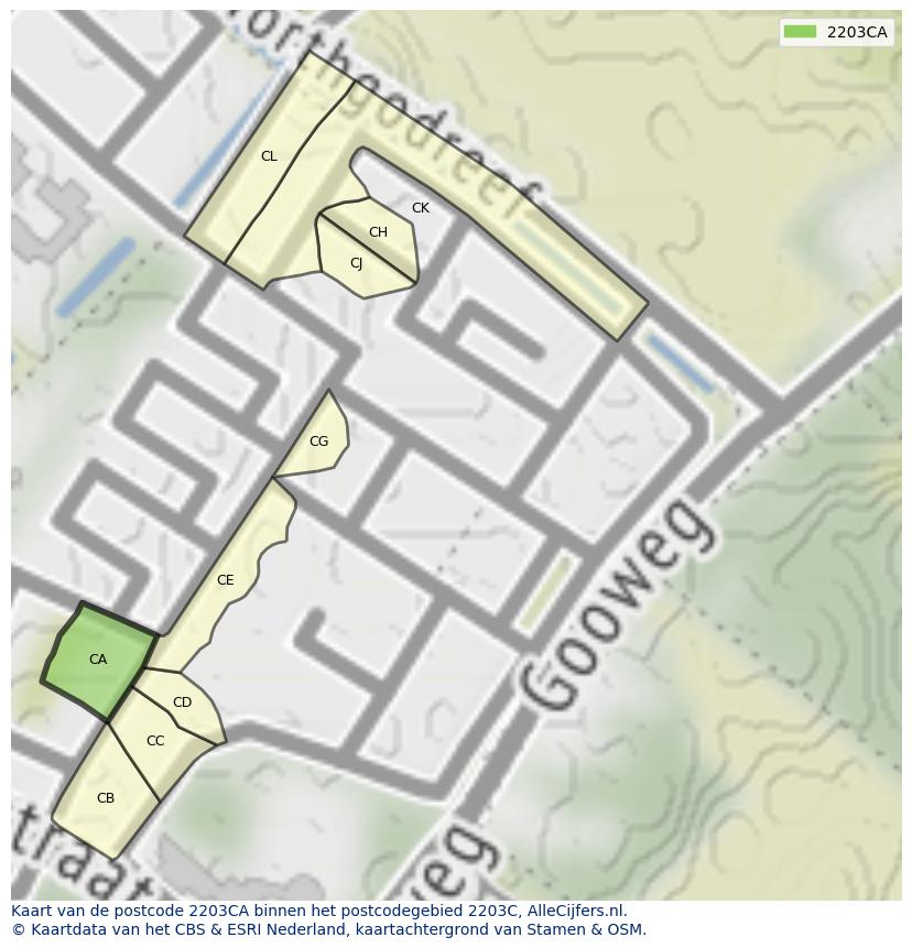 Afbeelding van het postcodegebied 2203 CA op de kaart.