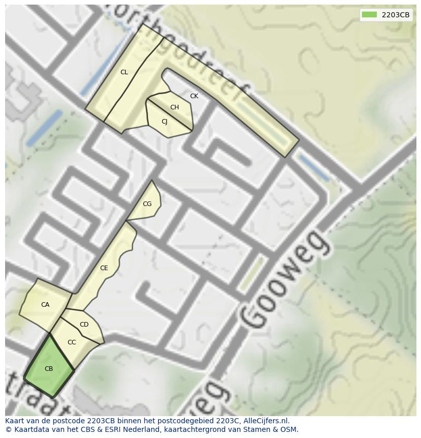 Afbeelding van het postcodegebied 2203 CB op de kaart.
