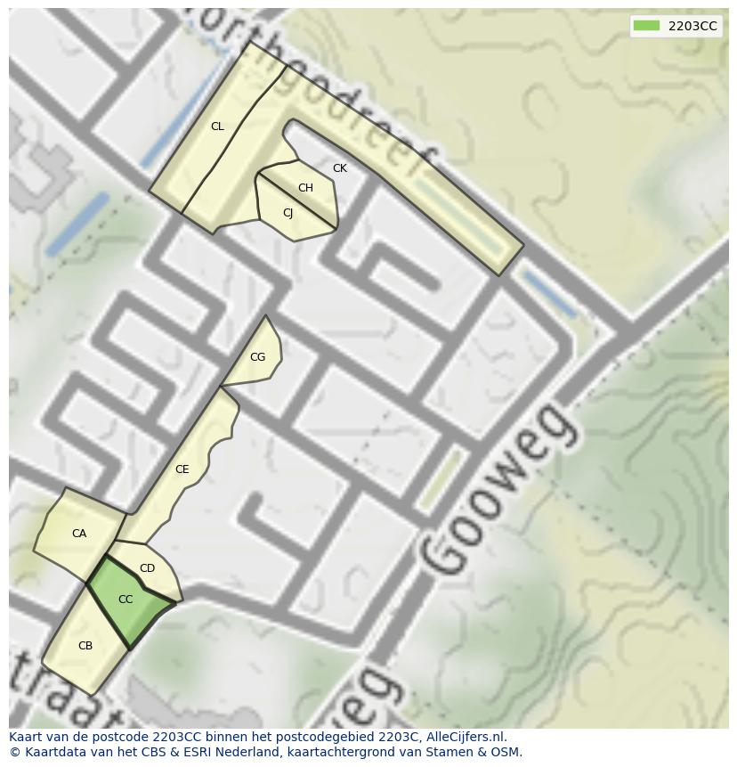 Afbeelding van het postcodegebied 2203 CC op de kaart.