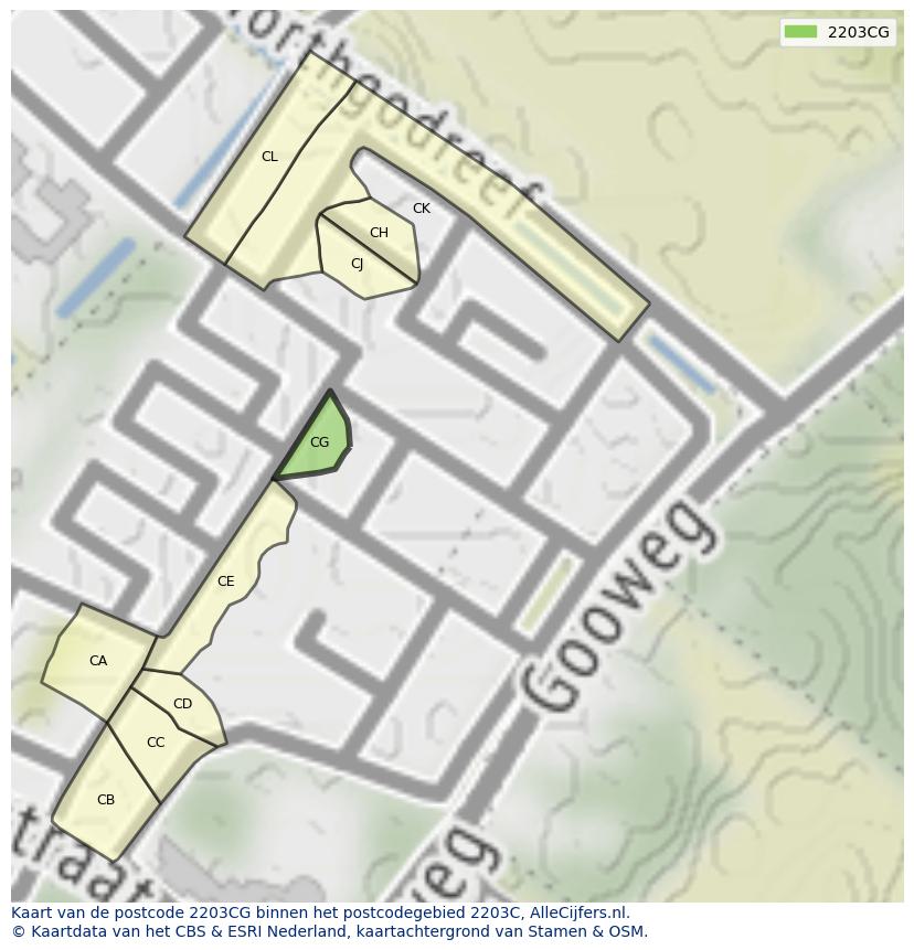 Afbeelding van het postcodegebied 2203 CG op de kaart.