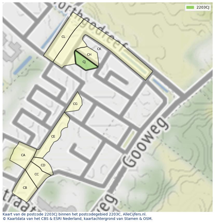 Afbeelding van het postcodegebied 2203 CJ op de kaart.