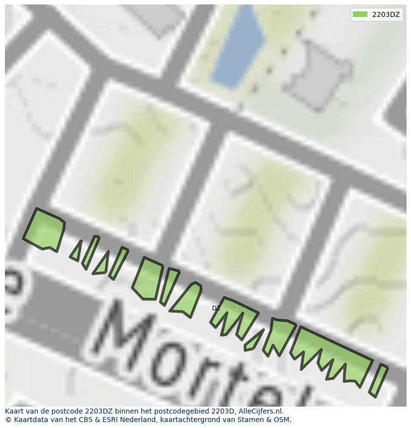 Afbeelding van het postcodegebied 2203 DZ op de kaart.