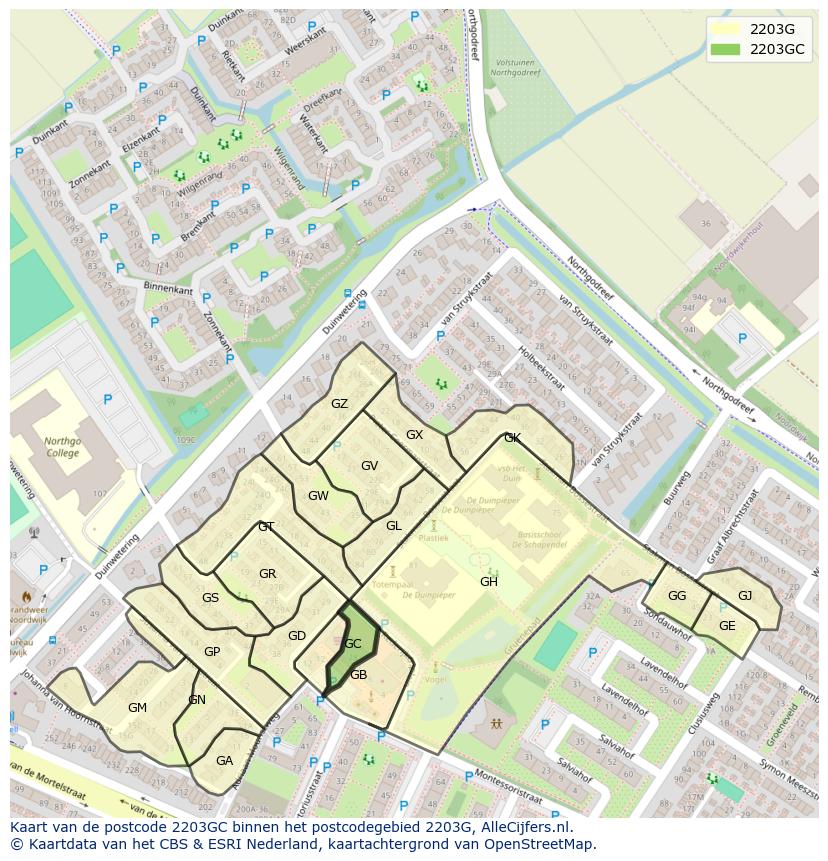 Afbeelding van het postcodegebied 2203 GC op de kaart.