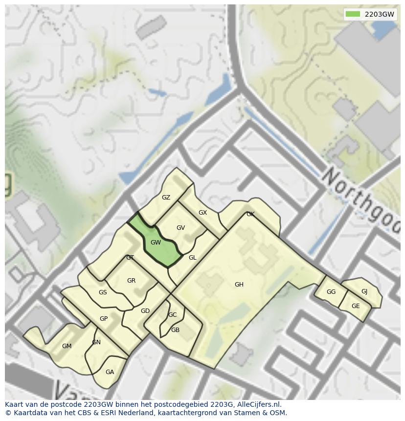 Afbeelding van het postcodegebied 2203 GW op de kaart.