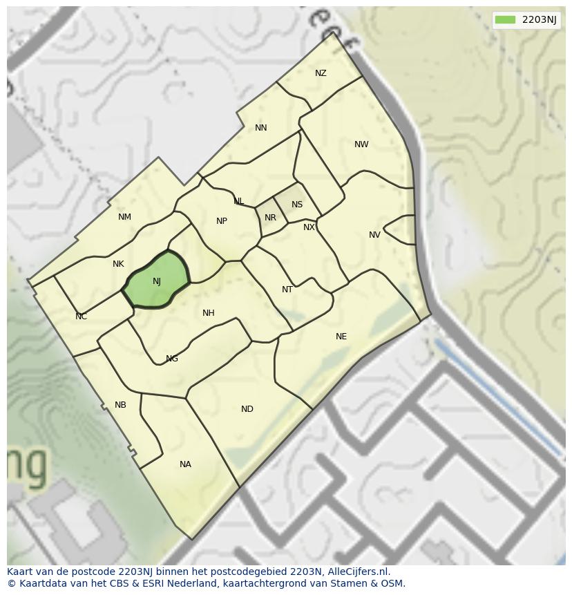 Afbeelding van het postcodegebied 2203 NJ op de kaart.