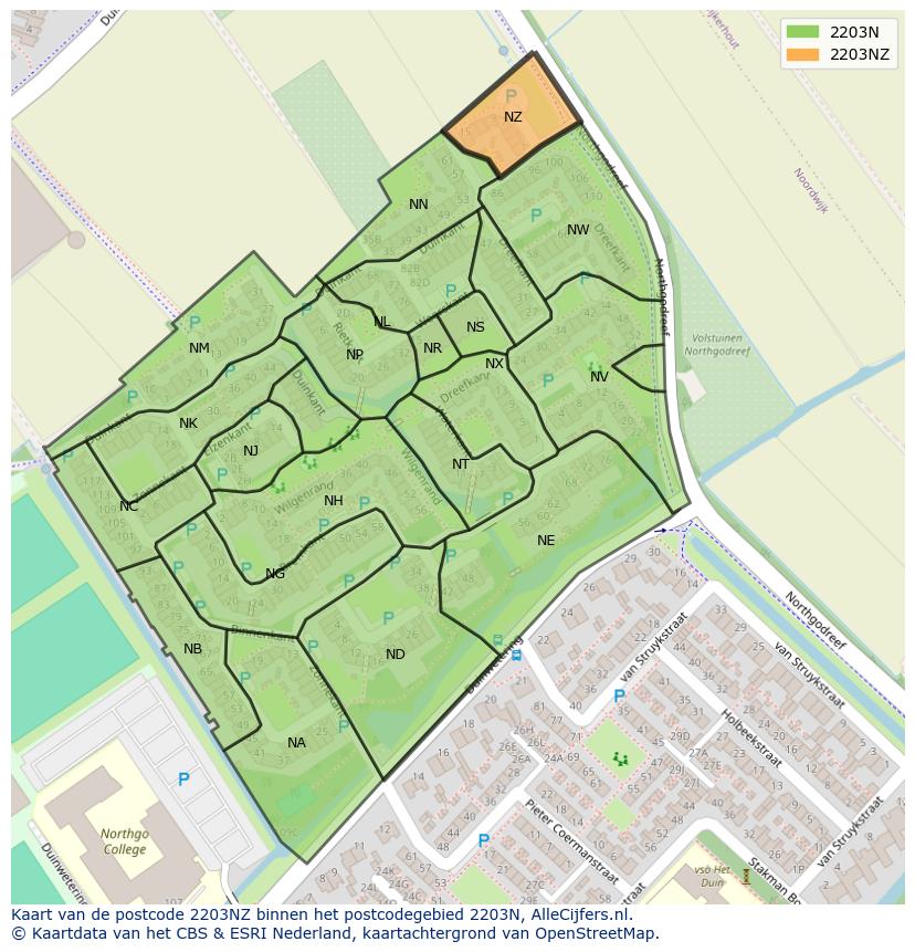 Afbeelding van het postcodegebied 2203 NZ op de kaart.