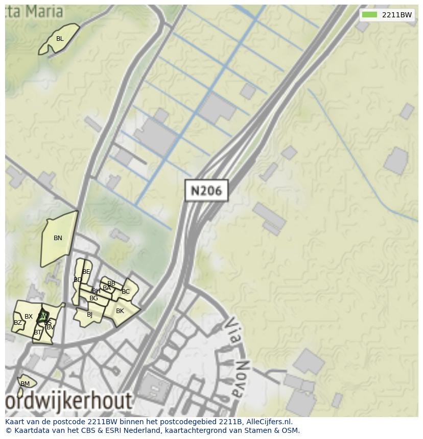 Afbeelding van het postcodegebied 2211 BW op de kaart.