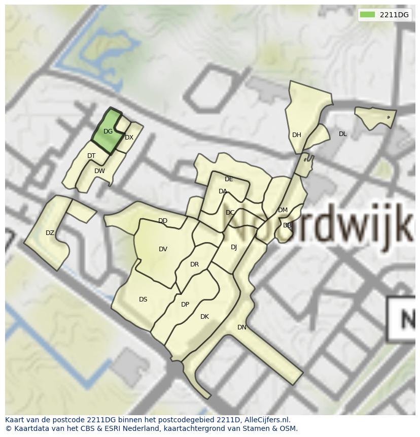 Afbeelding van het postcodegebied 2211 DG op de kaart.