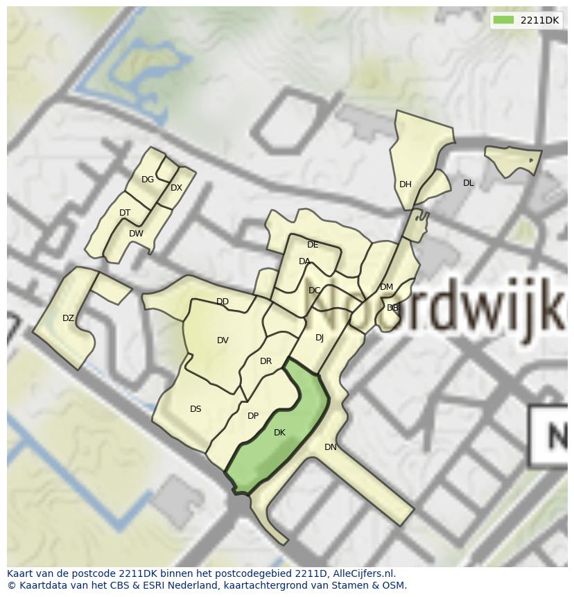 Afbeelding van het postcodegebied 2211 DK op de kaart.