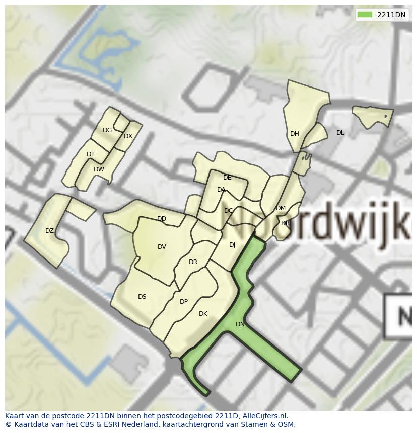 Afbeelding van het postcodegebied 2211 DN op de kaart.