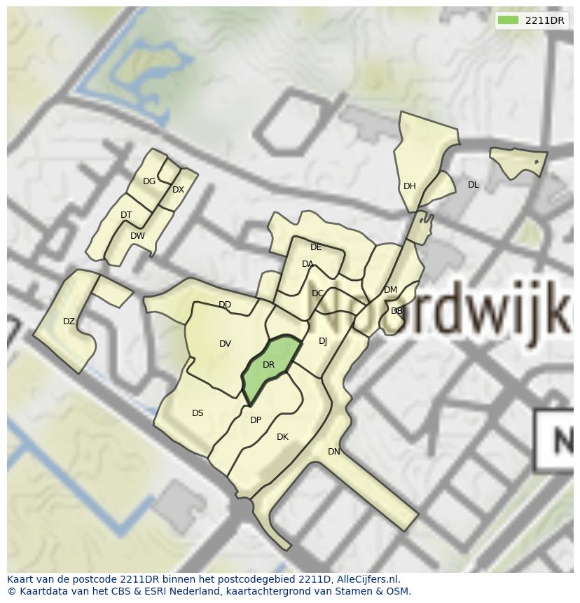 Afbeelding van het postcodegebied 2211 DR op de kaart.
