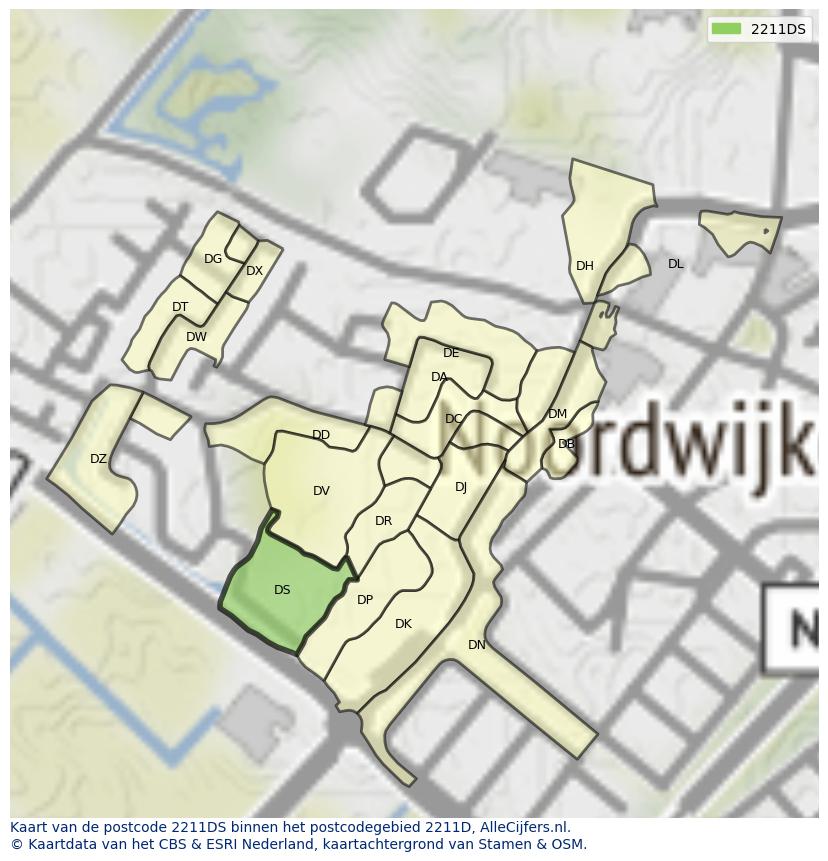 Afbeelding van het postcodegebied 2211 DS op de kaart.