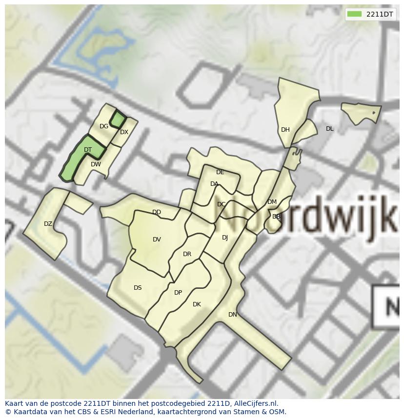 Afbeelding van het postcodegebied 2211 DT op de kaart.