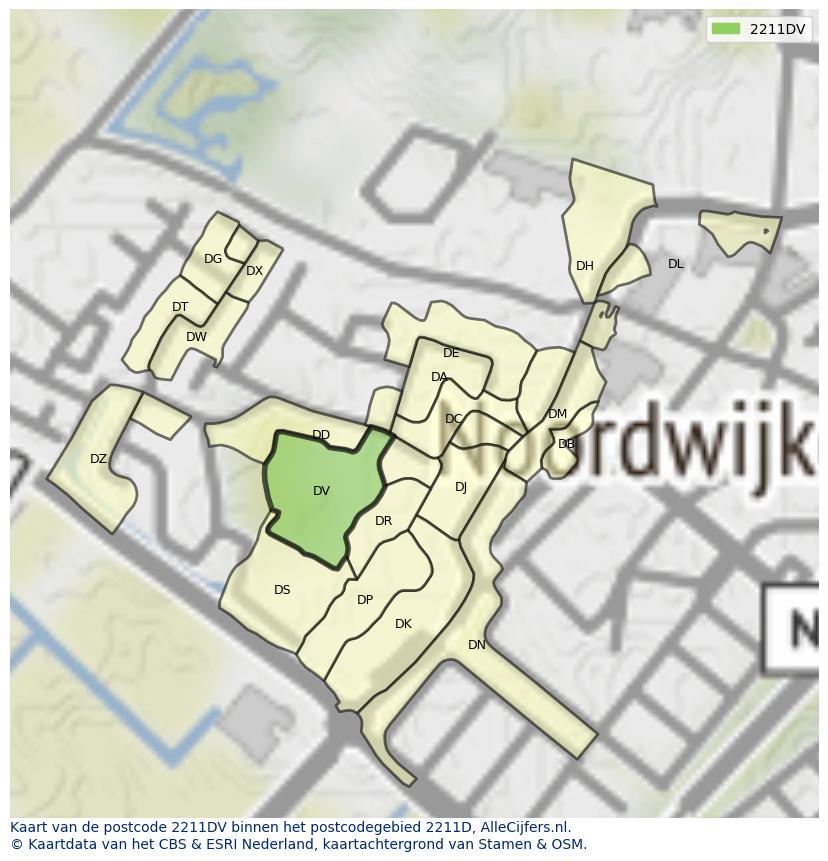 Afbeelding van het postcodegebied 2211 DV op de kaart.