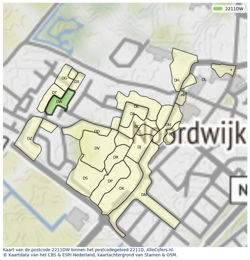 Afbeelding van het postcodegebied 2211 DW op de kaart.