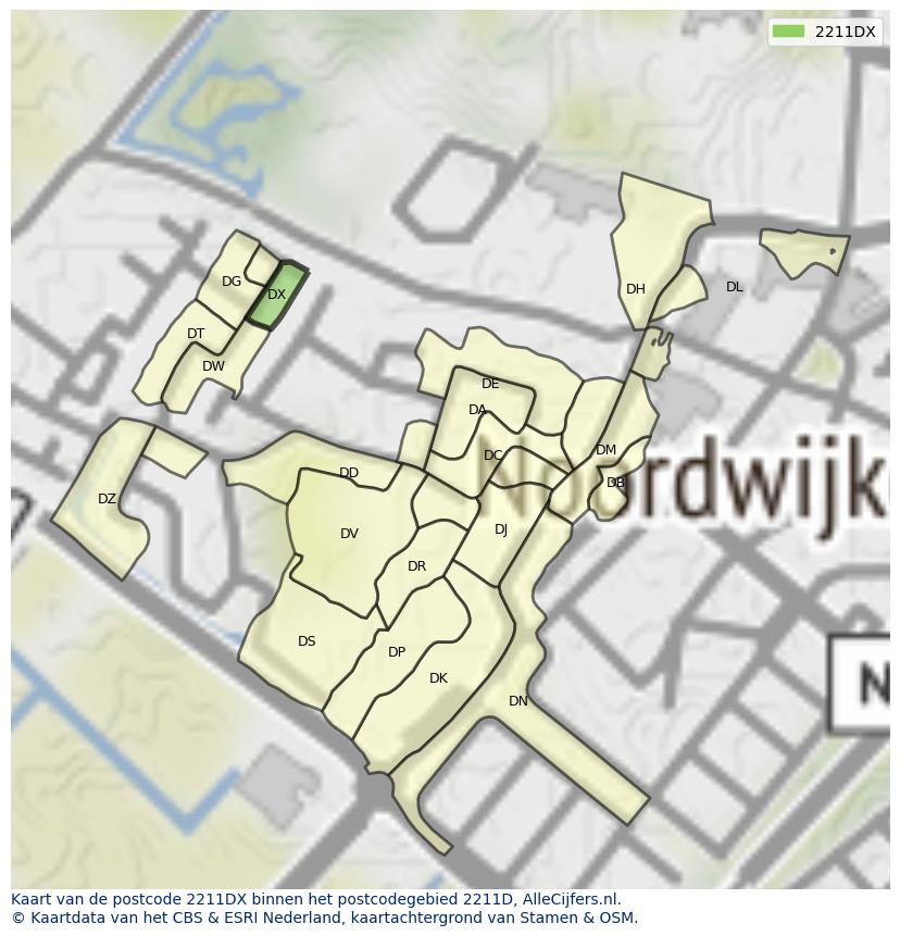 Afbeelding van het postcodegebied 2211 DX op de kaart.