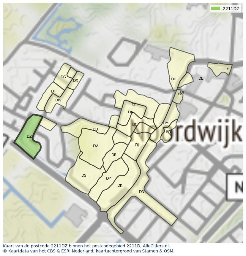 Afbeelding van het postcodegebied 2211 DZ op de kaart.