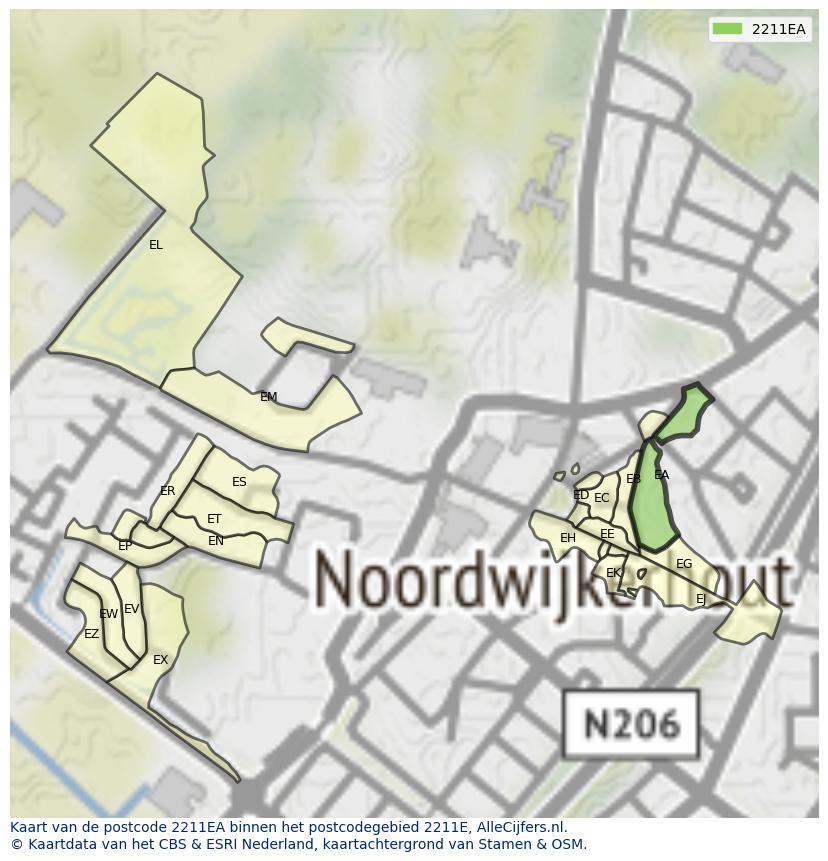 Afbeelding van het postcodegebied 2211 EA op de kaart.