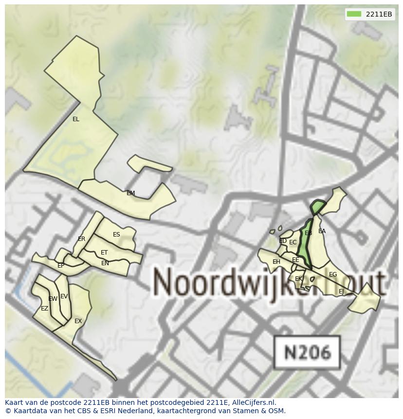 Afbeelding van het postcodegebied 2211 EB op de kaart.
