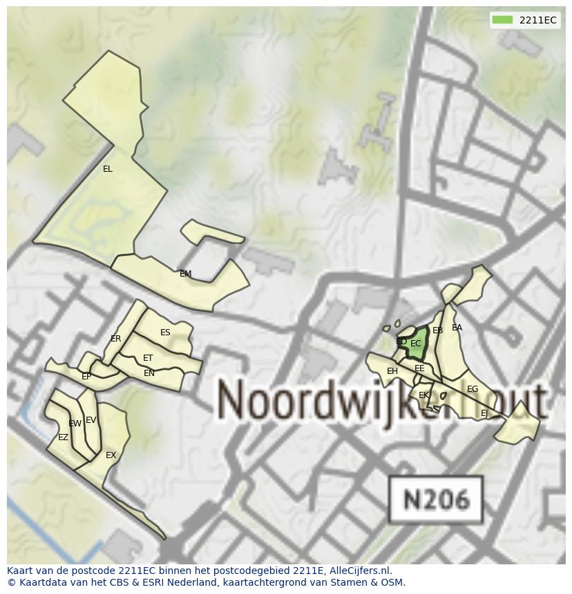 Afbeelding van het postcodegebied 2211 EC op de kaart.