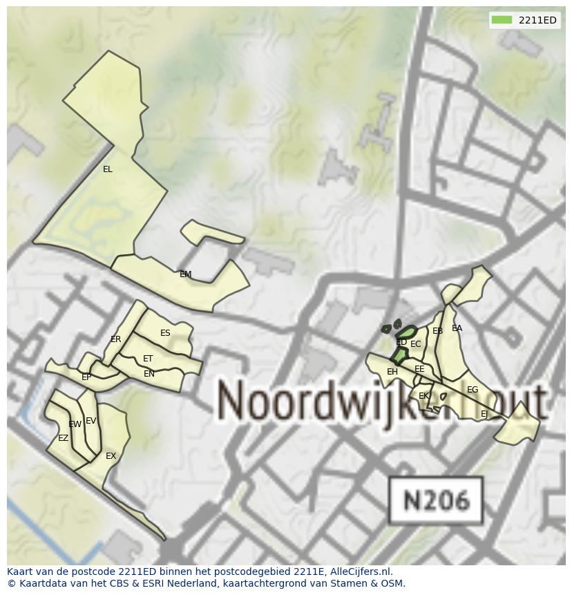 Afbeelding van het postcodegebied 2211 ED op de kaart.