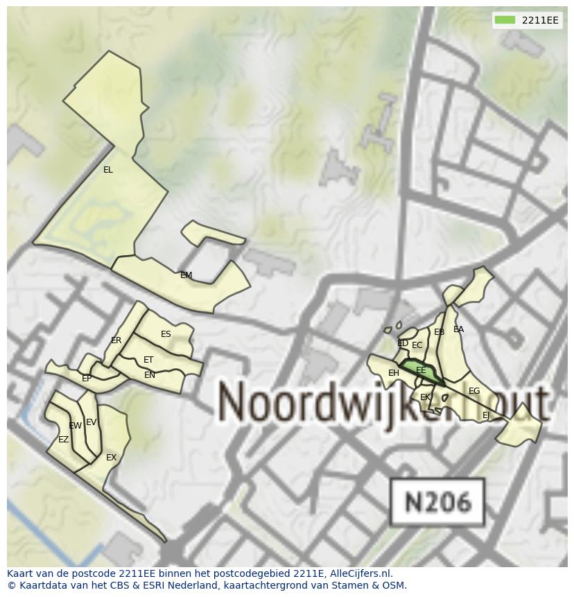 Afbeelding van het postcodegebied 2211 EE op de kaart.