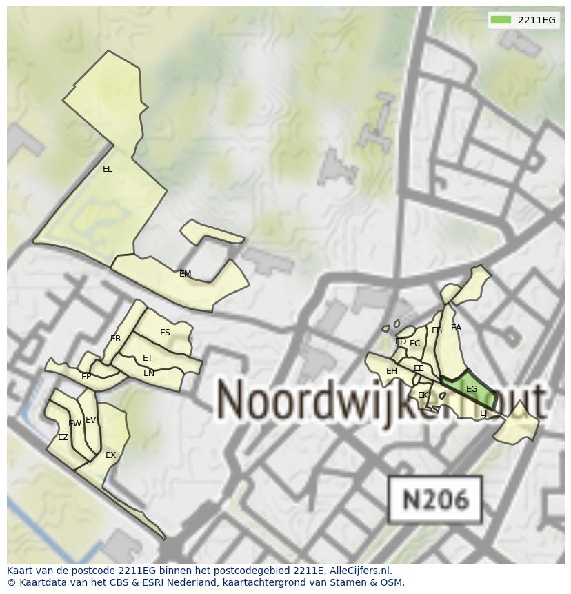Afbeelding van het postcodegebied 2211 EG op de kaart.