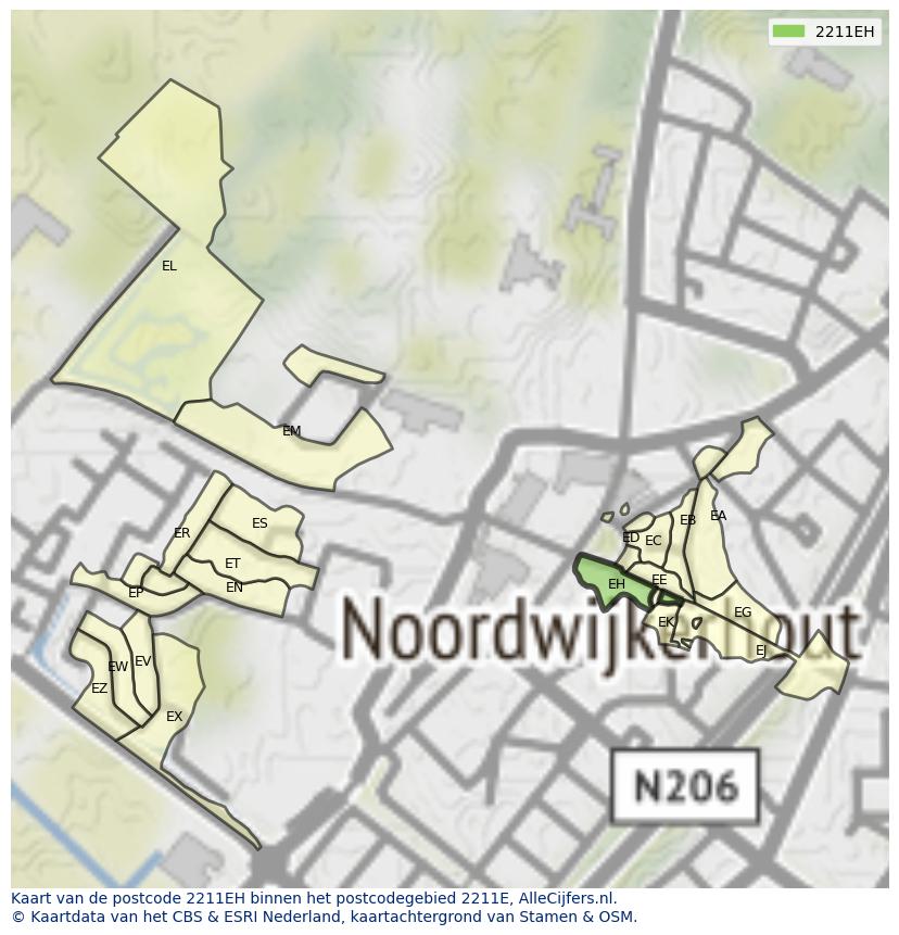 Afbeelding van het postcodegebied 2211 EH op de kaart.