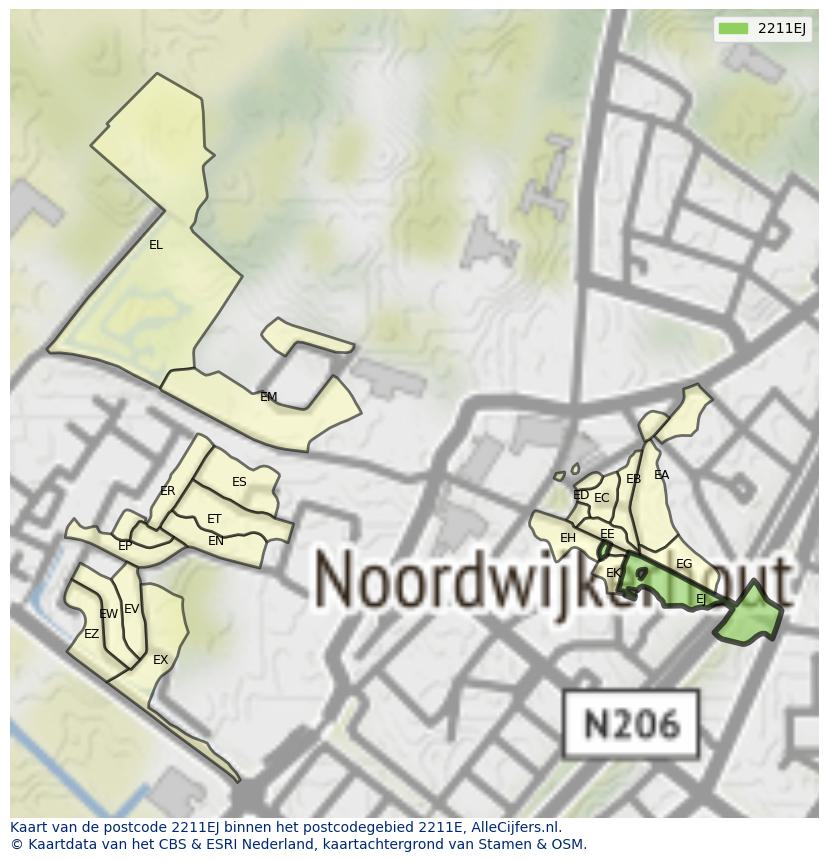 Afbeelding van het postcodegebied 2211 EJ op de kaart.