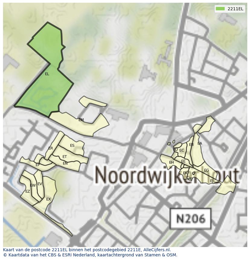 Afbeelding van het postcodegebied 2211 EL op de kaart.