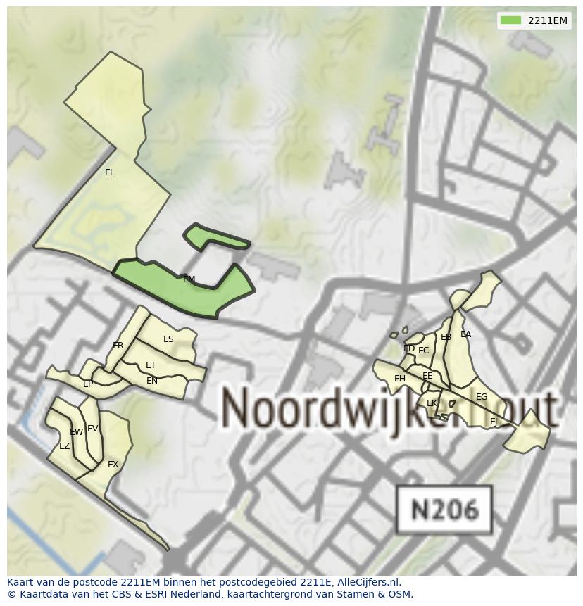 Afbeelding van het postcodegebied 2211 EM op de kaart.