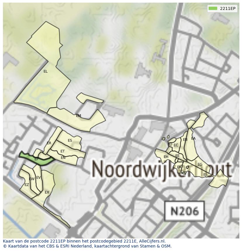 Afbeelding van het postcodegebied 2211 EP op de kaart.