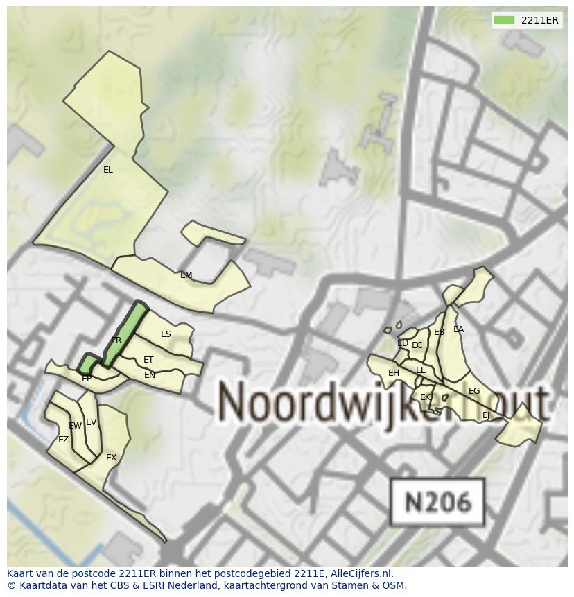 Afbeelding van het postcodegebied 2211 ER op de kaart.
