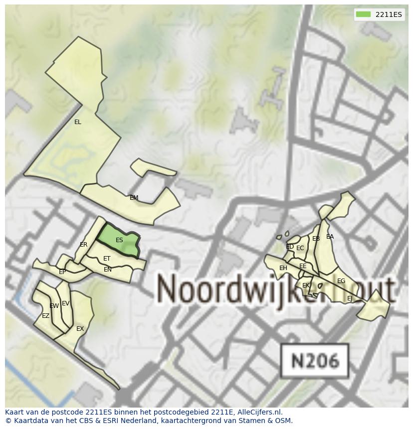 Afbeelding van het postcodegebied 2211 ES op de kaart.