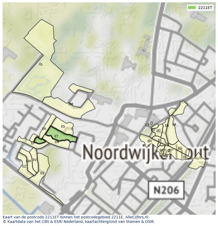 Afbeelding van het postcodegebied 2211 ET op de kaart.