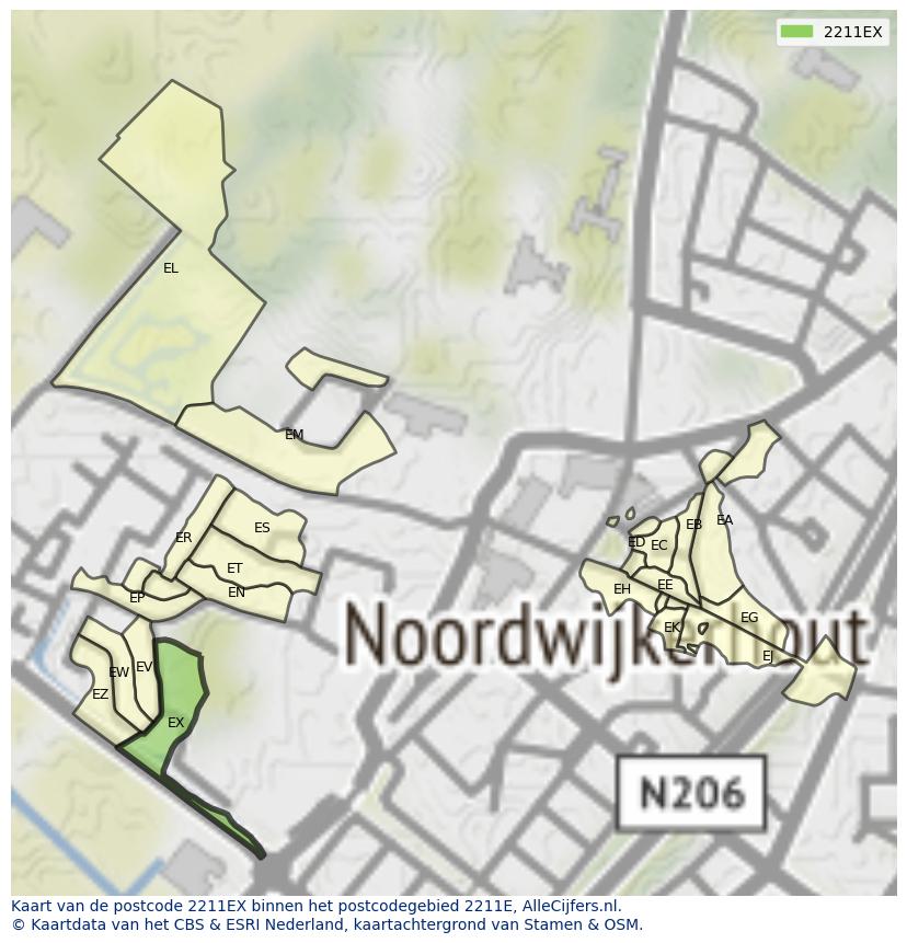 Afbeelding van het postcodegebied 2211 EX op de kaart.