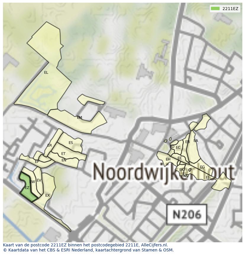 Afbeelding van het postcodegebied 2211 EZ op de kaart.