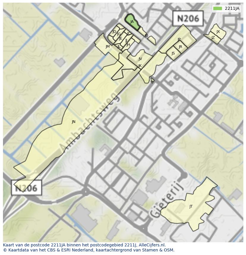 Afbeelding van het postcodegebied 2211 JA op de kaart.