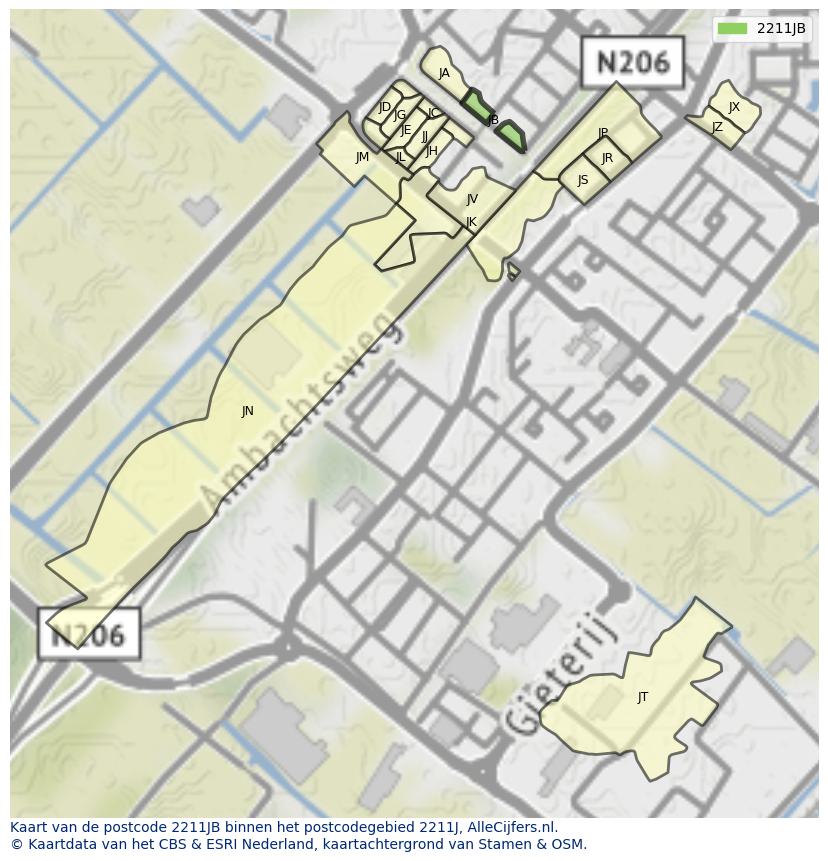 Afbeelding van het postcodegebied 2211 JB op de kaart.