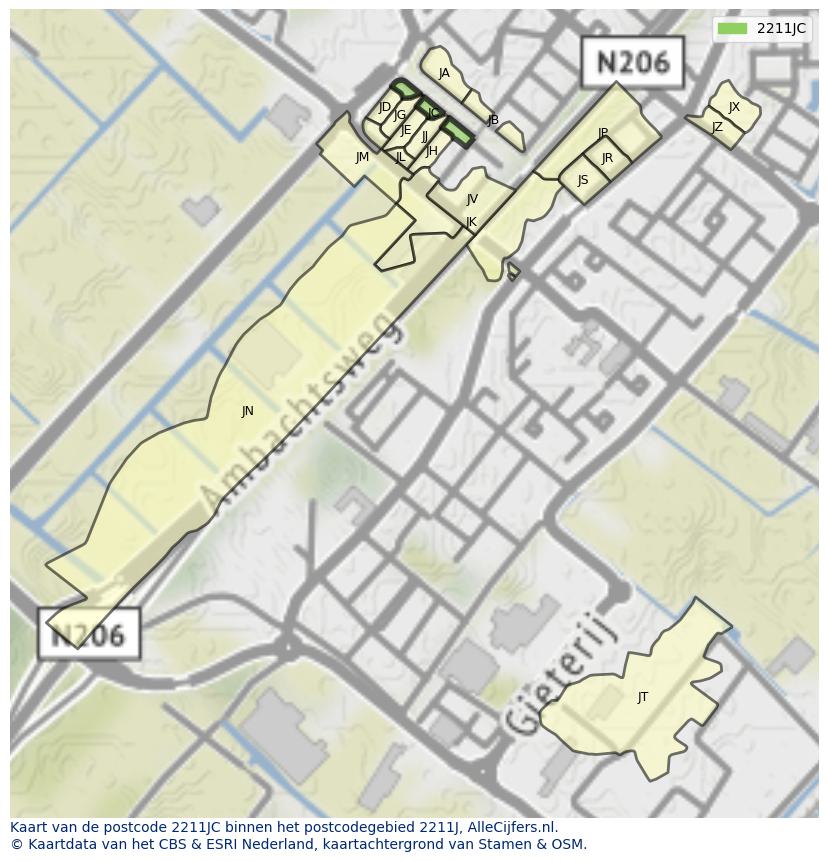 Afbeelding van het postcodegebied 2211 JC op de kaart.