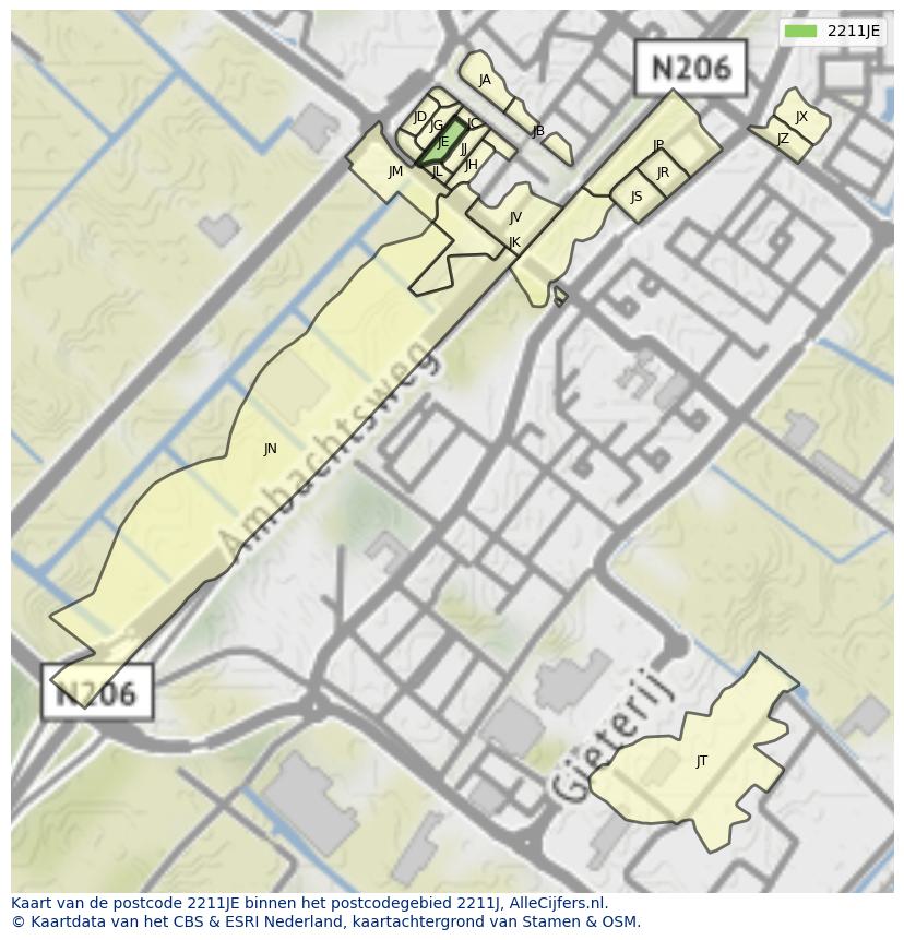Afbeelding van het postcodegebied 2211 JE op de kaart.