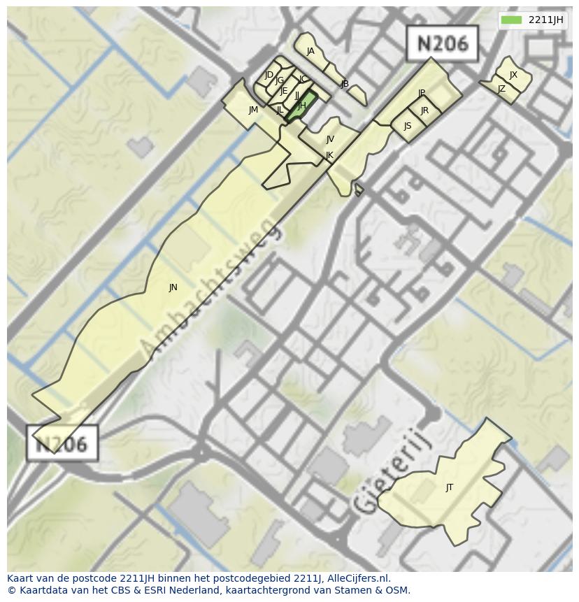 Afbeelding van het postcodegebied 2211 JH op de kaart.
