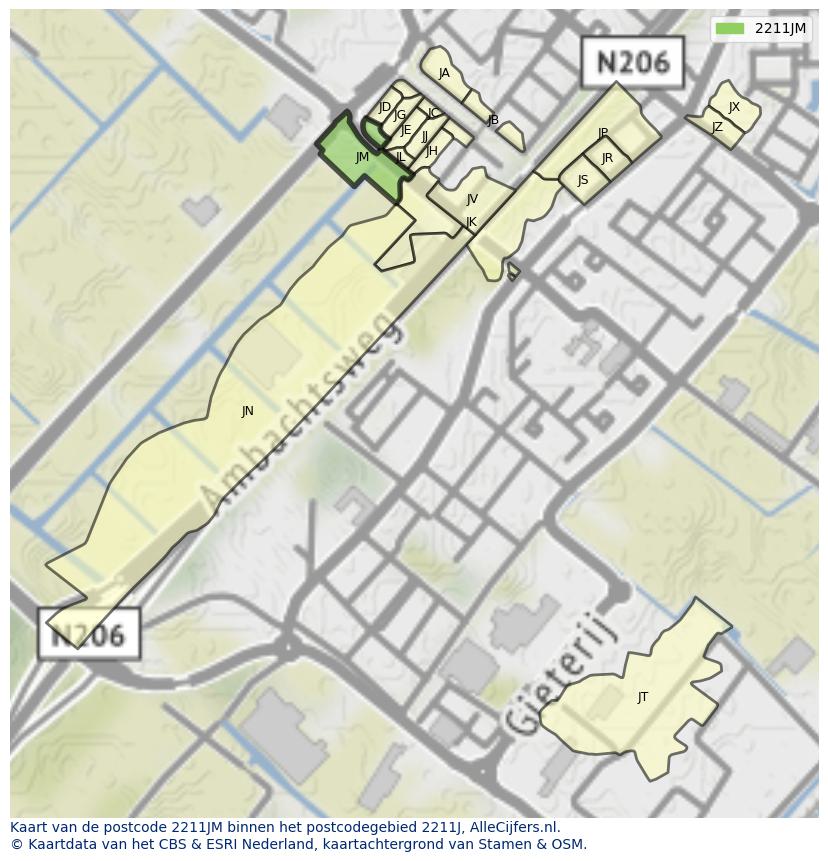 Afbeelding van het postcodegebied 2211 JM op de kaart.
