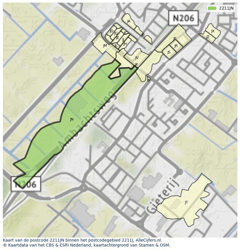 Afbeelding van het postcodegebied 2211 JN op de kaart.