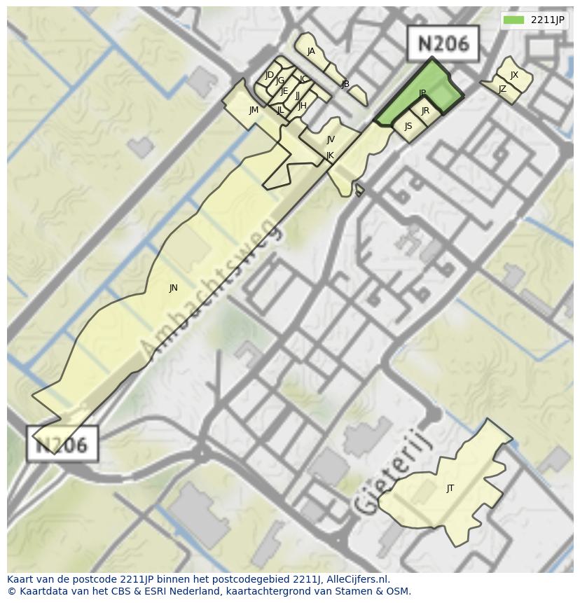 Afbeelding van het postcodegebied 2211 JP op de kaart.