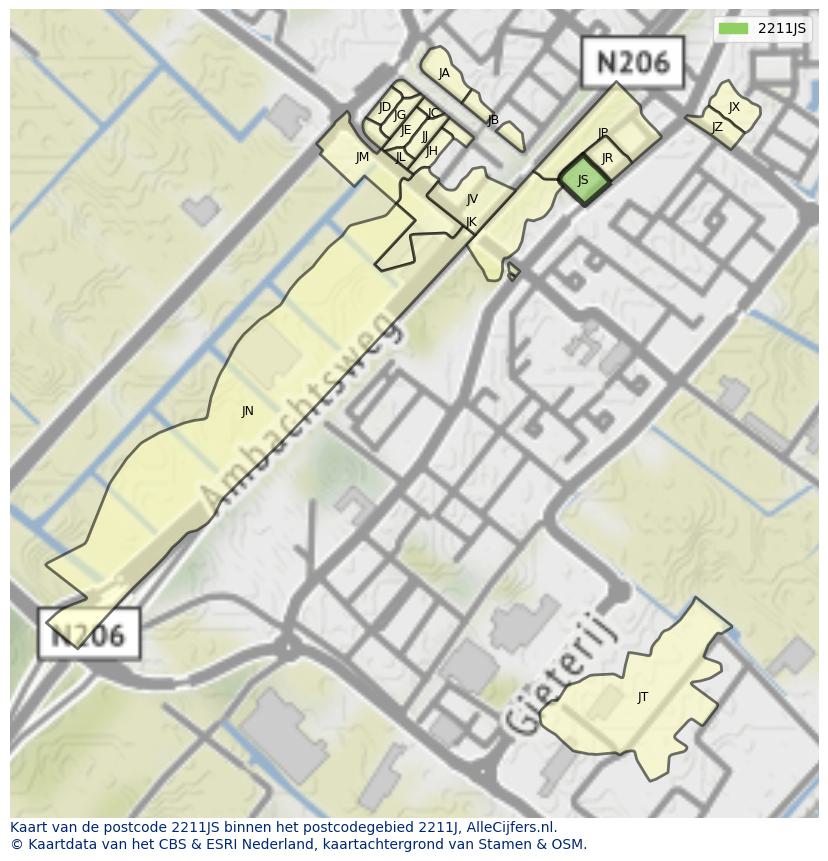 Afbeelding van het postcodegebied 2211 JS op de kaart.