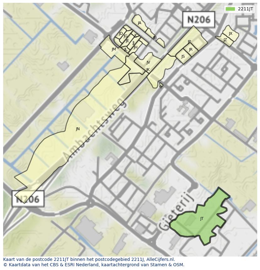 Afbeelding van het postcodegebied 2211 JT op de kaart.