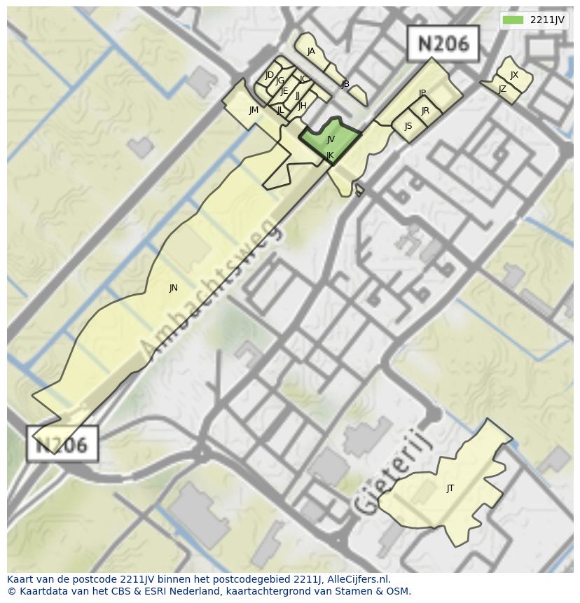 Afbeelding van het postcodegebied 2211 JV op de kaart.