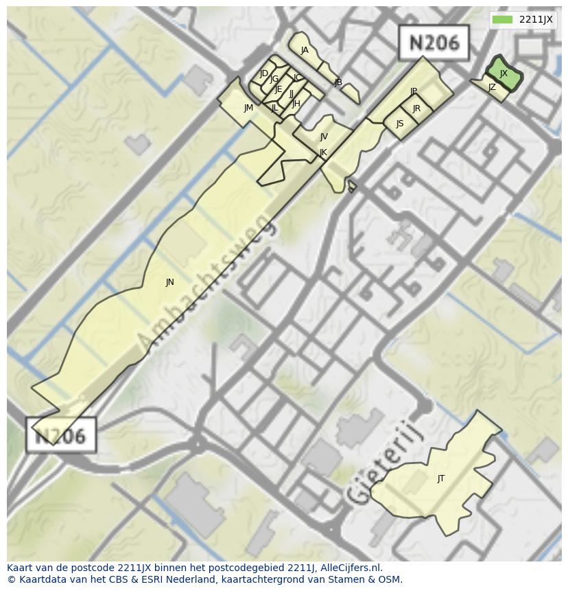 Afbeelding van het postcodegebied 2211 JX op de kaart.