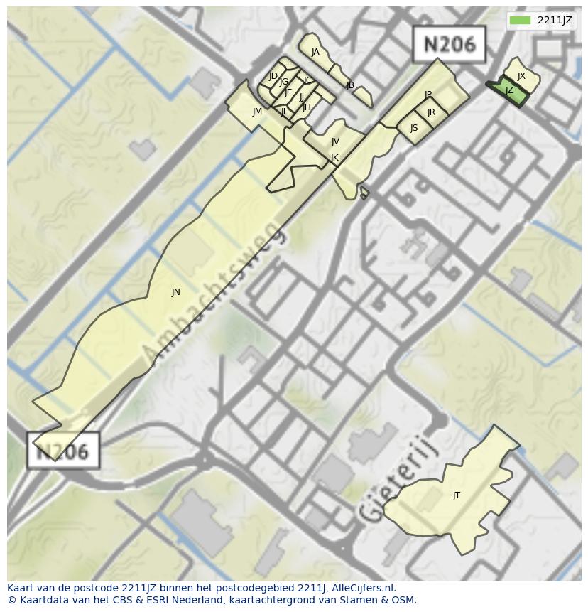 Afbeelding van het postcodegebied 2211 JZ op de kaart.